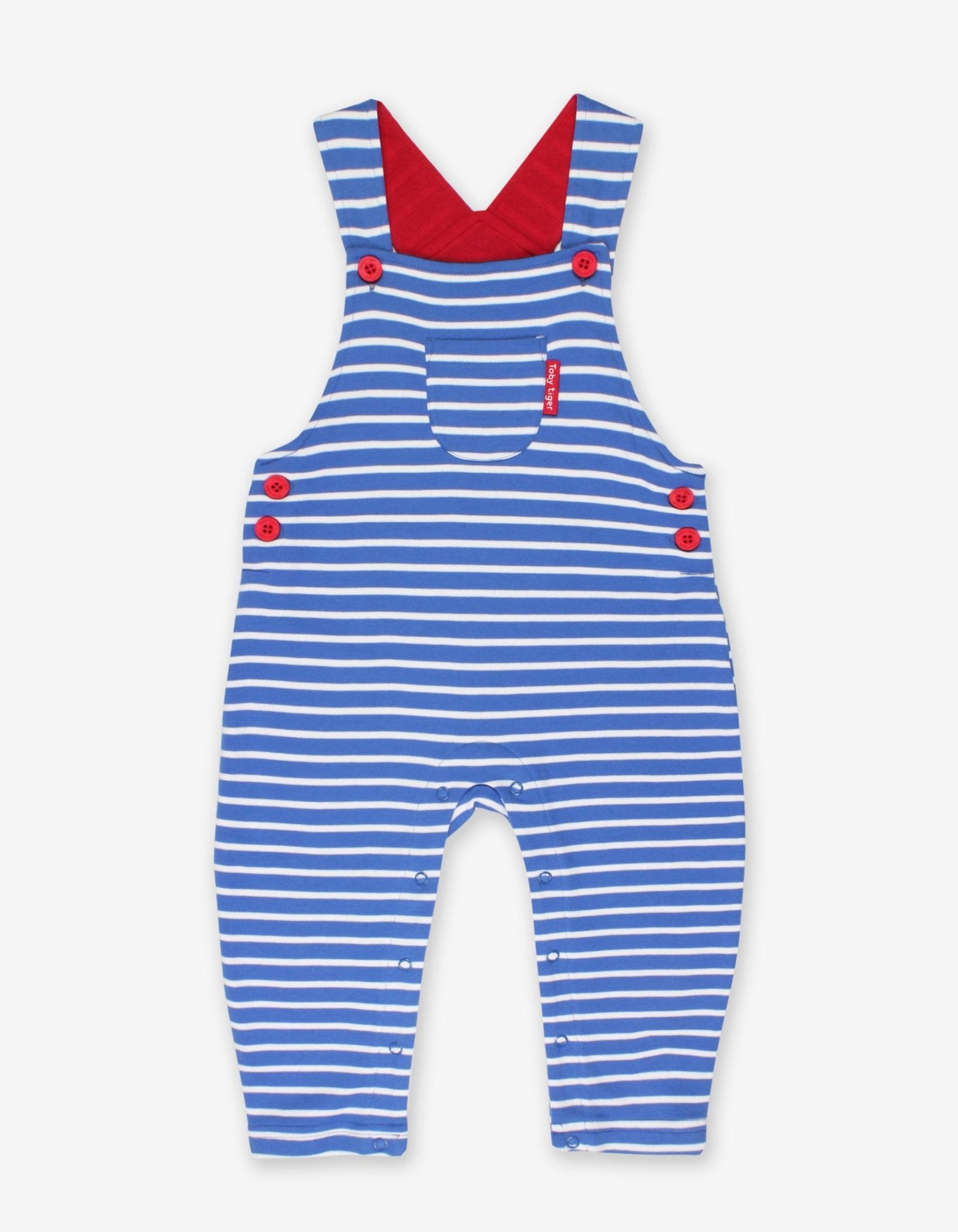 soft organic cotton striped pinafore with adjustable straps and snap fasteners by Toby Tiger at www.brixbailey.com