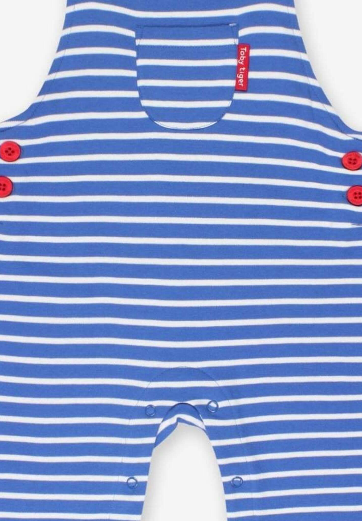 soft organic cotton striped pinafore with adjustable straps and snap fasteners by Toby Tiger at www brixbailey com