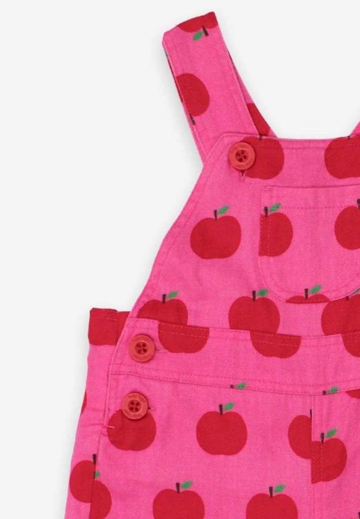 Premium organic apple print twill overalls, soft and stylish with snap buttons, adjustable straps for growing toddlers by Toby Tiger at brixbailey.com