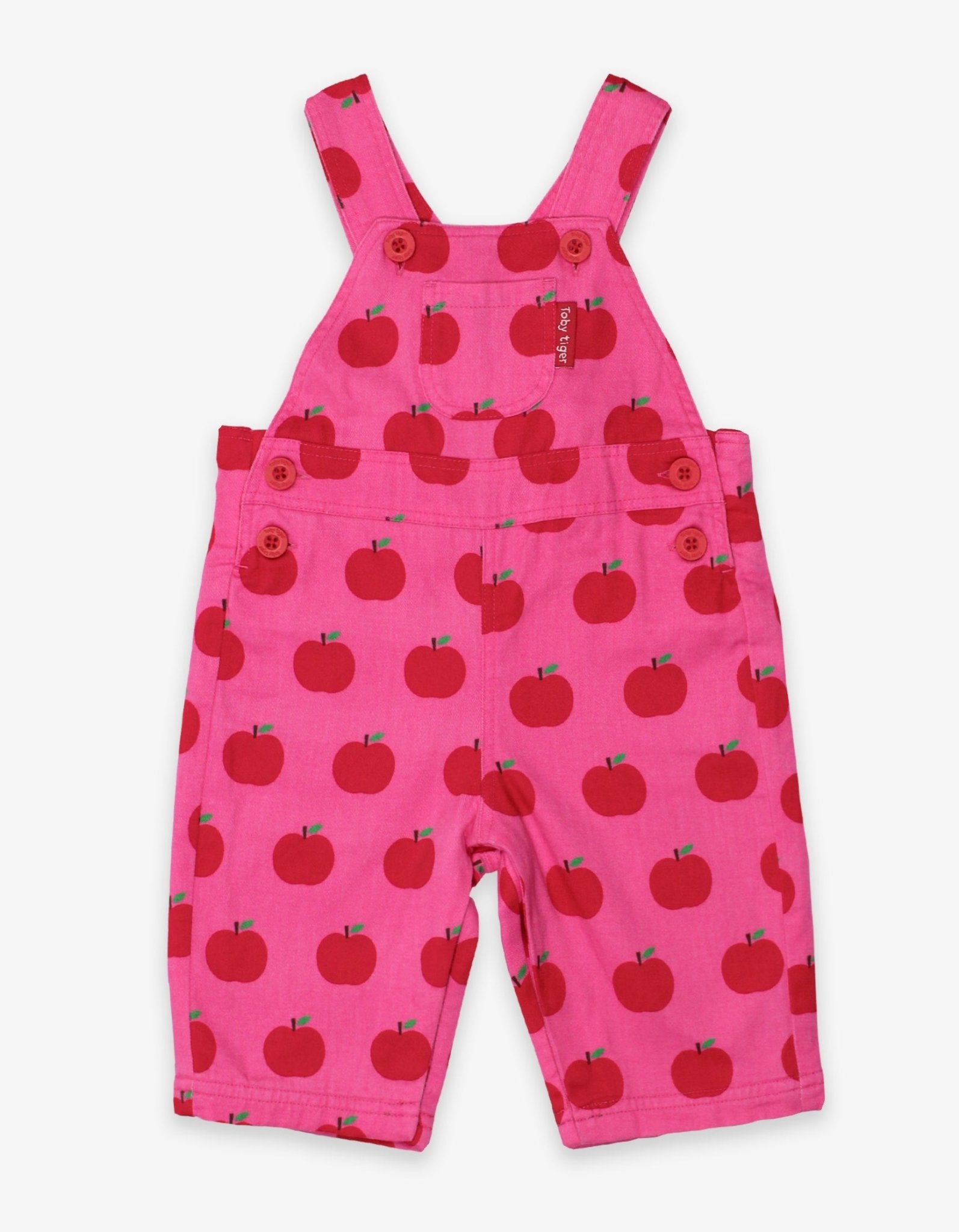 Premium organic apple print twill overalls, soft adjustable baby romper, stylish unisex crawler pants by Toby Tiger at brixbailey.com