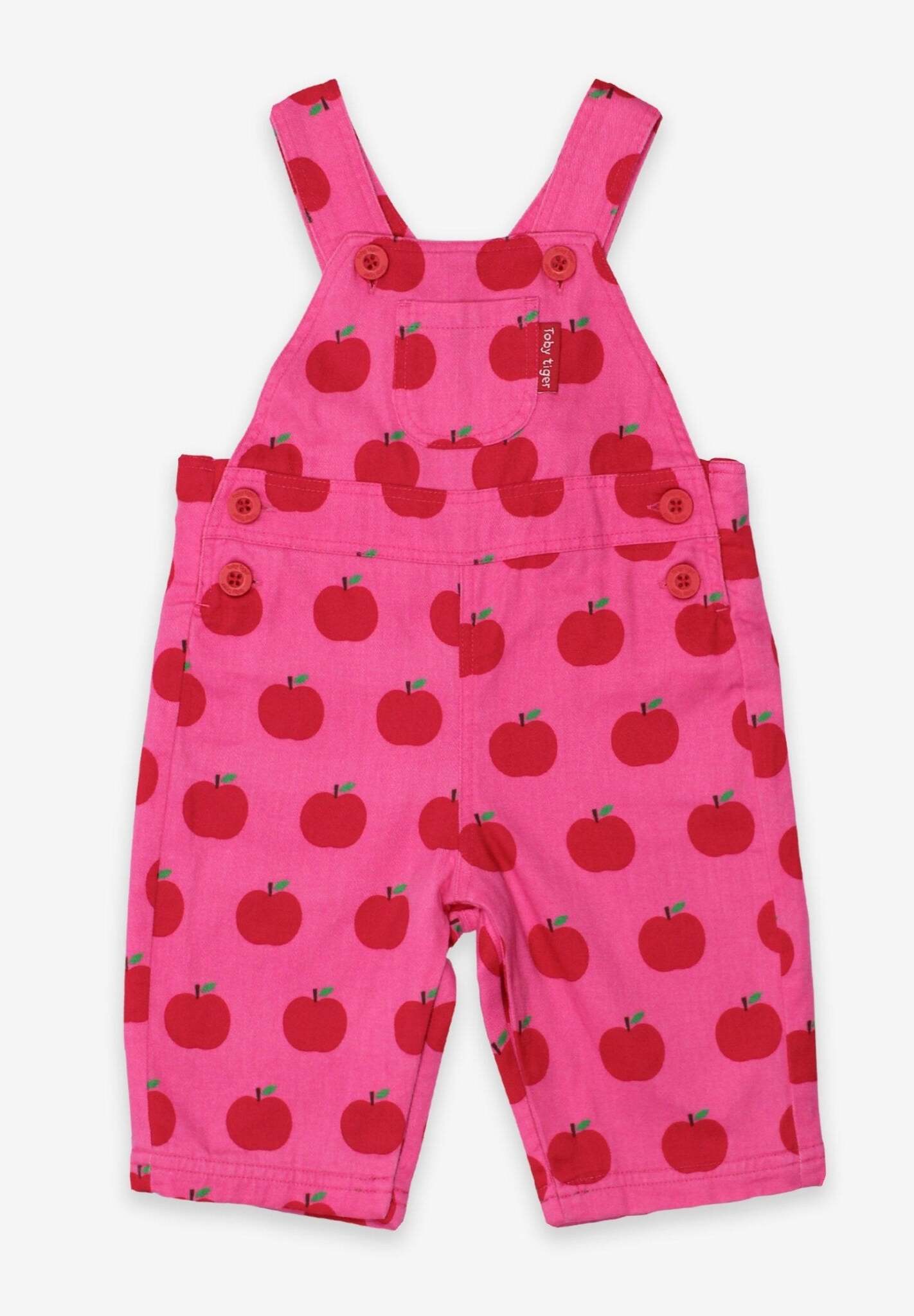 Premium organic apple print twill baby overalls, soft adjustable bib pants for crawlers, stylish snap-button design by Toby Tiger at brixbailey.com