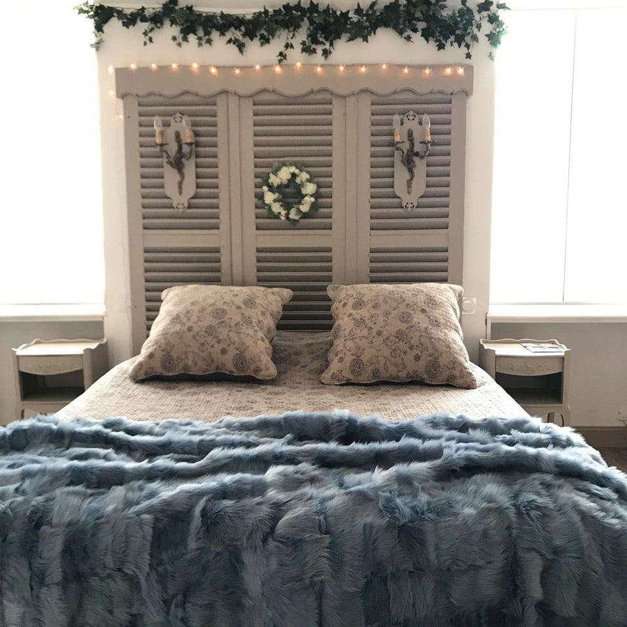 Luxury Tuscan shearling throw in duck egg blue, handcrafted heirloom sheepskin fleece blanket, premium sustainable home decor by Wildash London at brixbailey.com