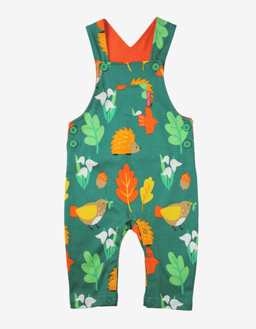 Premium organic cotton baby overall with playful hedgehog and autumn leaf print, adjustable straps, snap buttons, stylish green and orange contrast by Toby Tiger at brixbailey.com