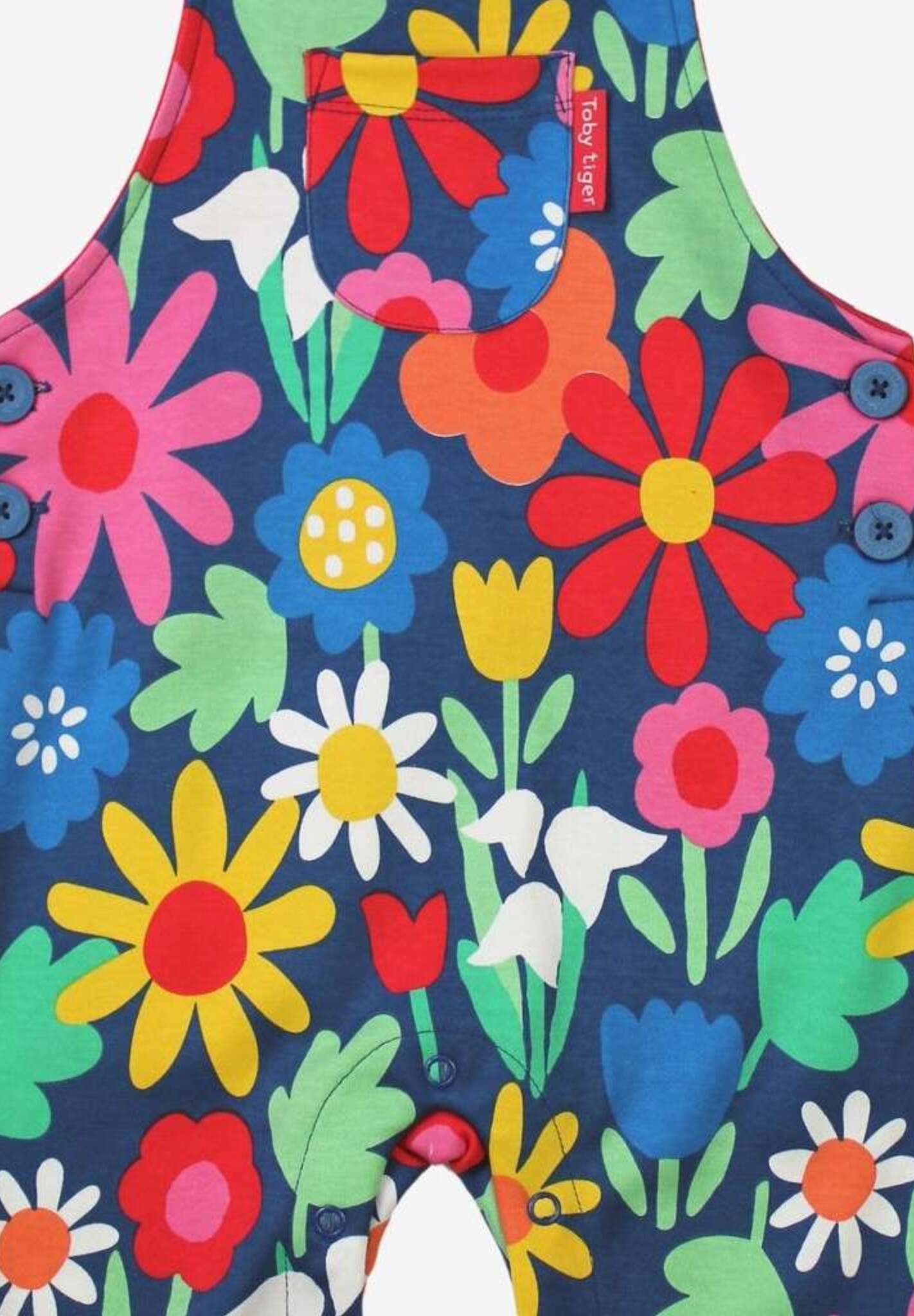 Bold Floral Print Dark Blue Baby Jumpsuit with Adjustable Straps and Snap Buttons - Premium Organic Cotton by Toby Tiger at brixbailey.com