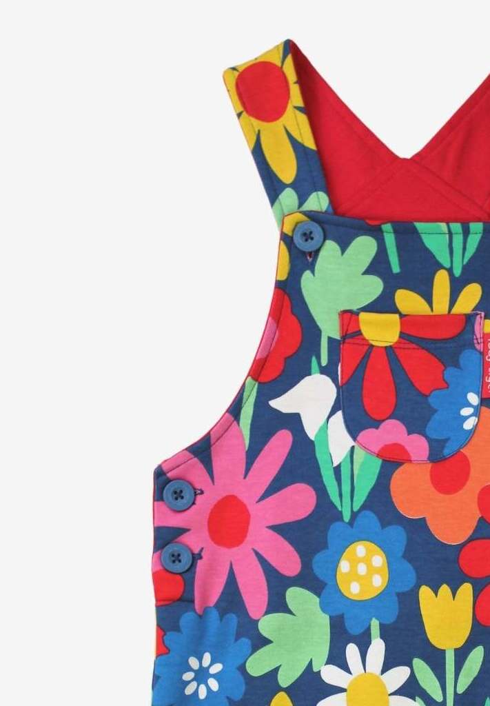 Stylish Dark Blue Bold Floral Print Baby Jumpsuit with Adjustable Straps and Snap Buttons by Toby Tiger at brixbailey.com