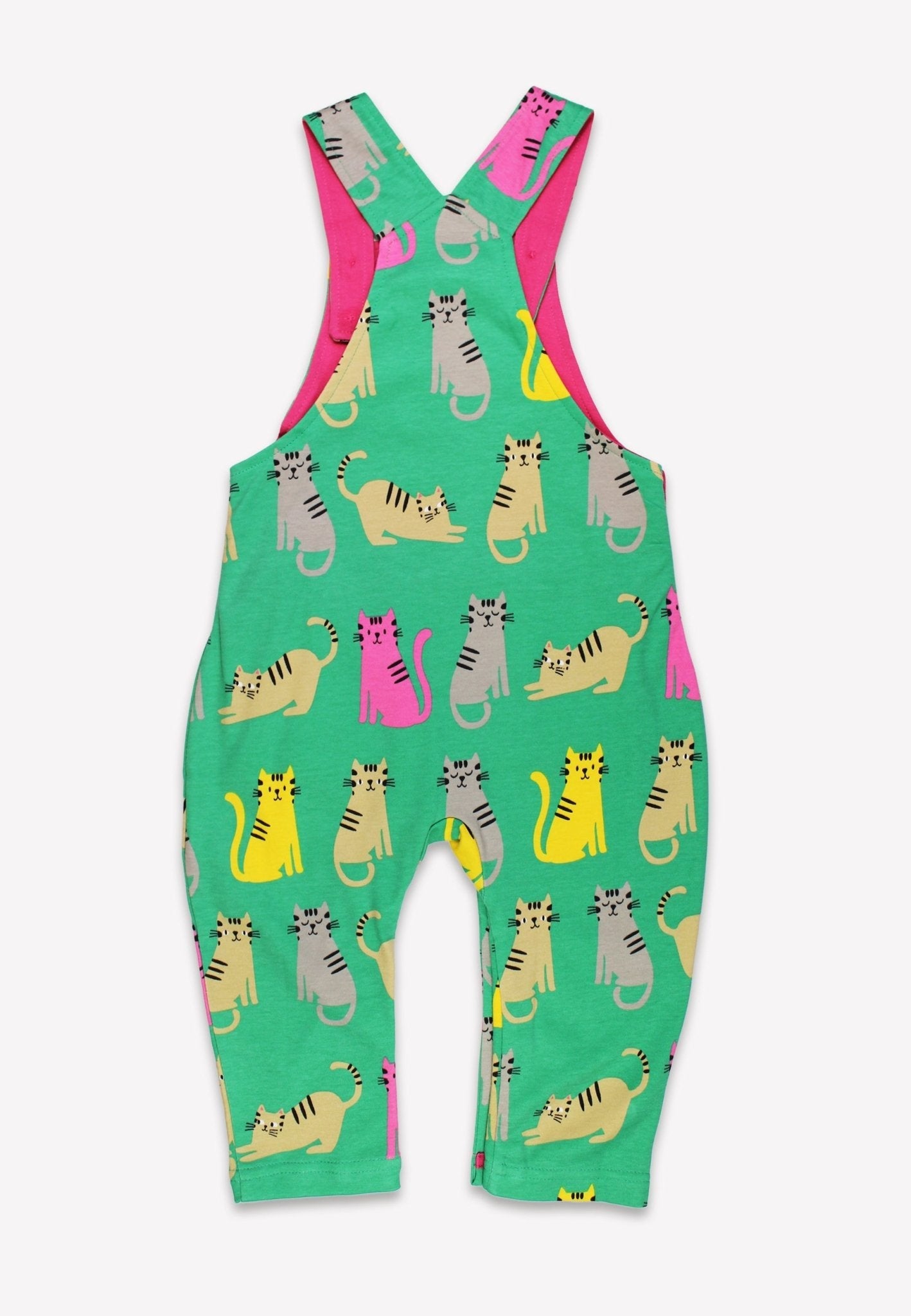 Sustainable Playful Kitten Print Overalls for Kids - Soft Organic Cotton Adjustable Eco-Friendly Romper in Grey Pink Yellow by Toby Tiger at brixbailey.com