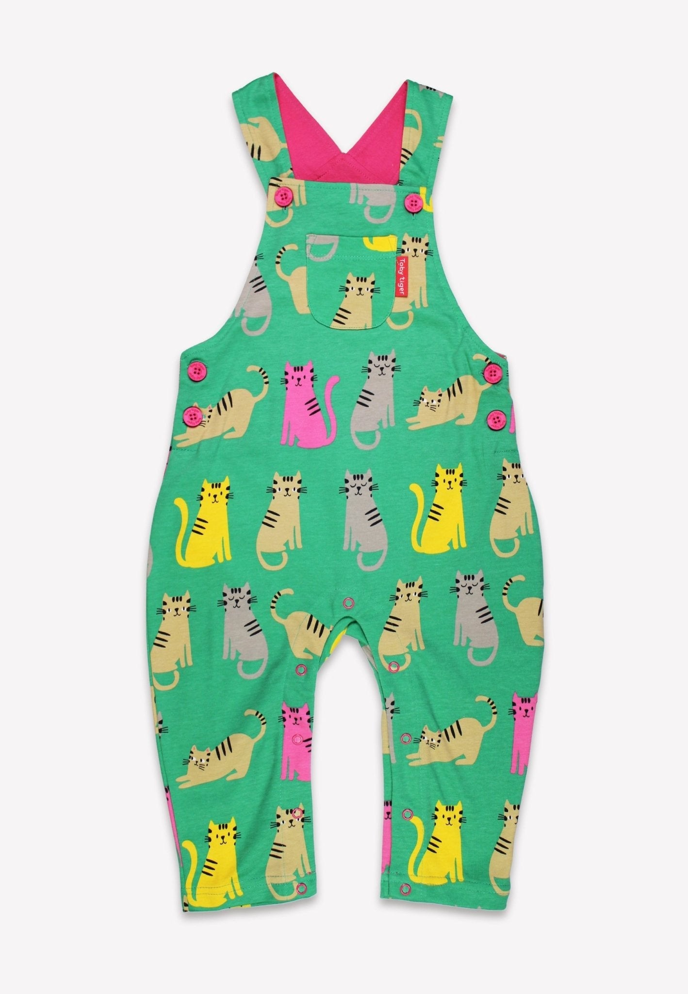 Sustainable Playful Kitten Print Overalls for Kids, Soft Organic Cotton with Adjustable Straps and Eco-Friendly Colors by Toby Tiger at brixbailey.com