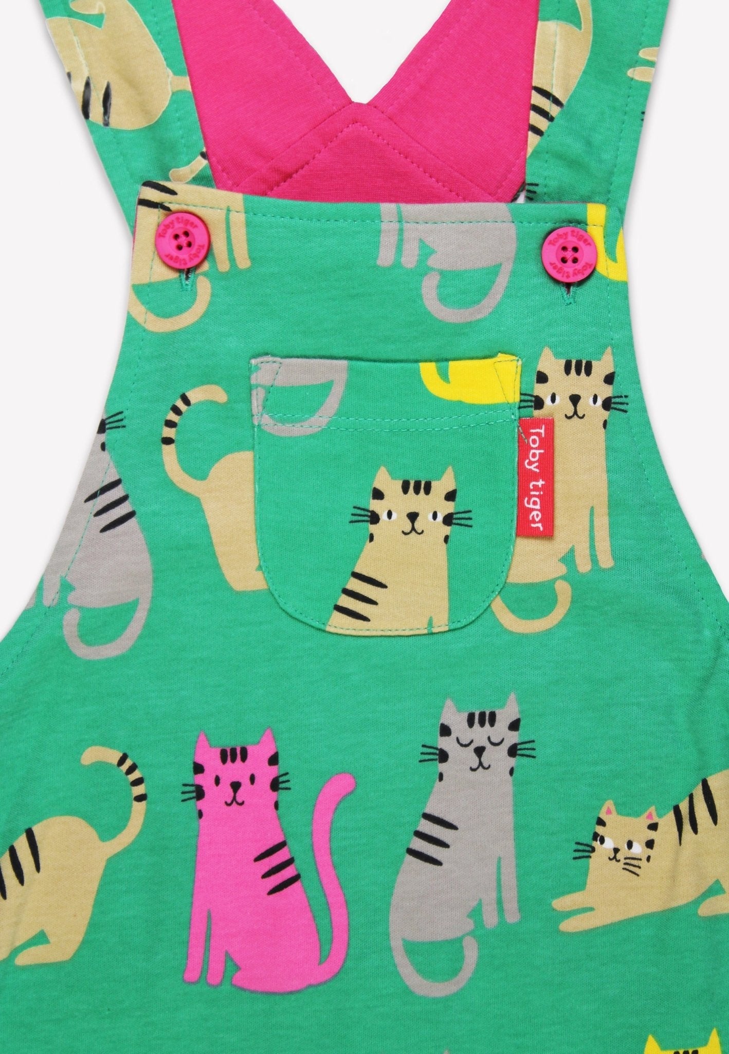 Sustainable Playful Kitten Print Overalls for Kids - Soft Organic Cotton Adjustable Eco-Friendly Romper in Grey Pink Yellow by Toby Tiger at brixbailey.com