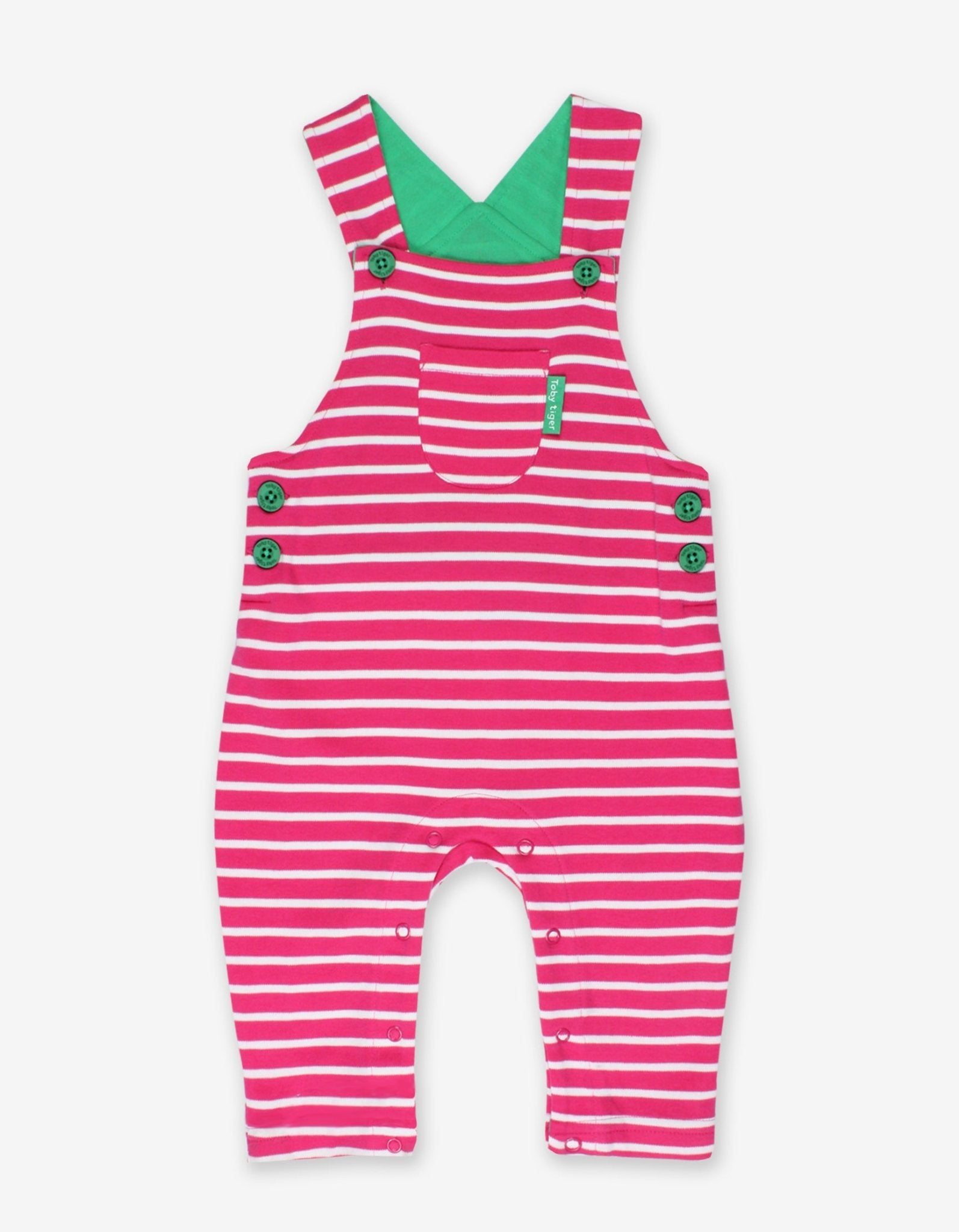 Premium organic cotton striped pinafore overalls, soft pink and white Breton stripes, adjustable straps, snap-button closure by Toby Tiger at brixbailey.com