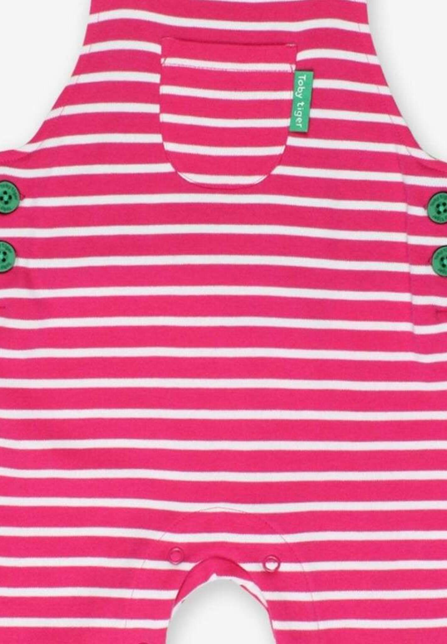 Premium organic cotton striped pinafore overalls, adjustable straps, soft Breton pink and white stripes, stylish and comfortable by Toby Tiger at brixbailey.com