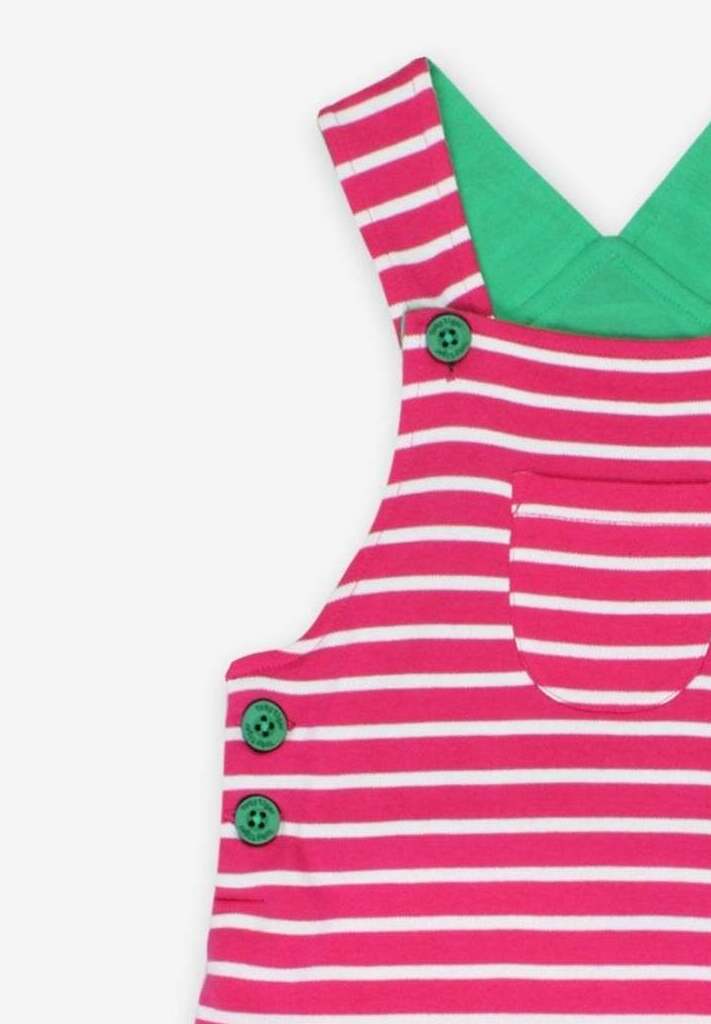 Premium organic cotton striped pinafore overalls, soft Breton pink and white stripes, adjustable straps, snap-button closure by Toby Tiger at brixbailey.com