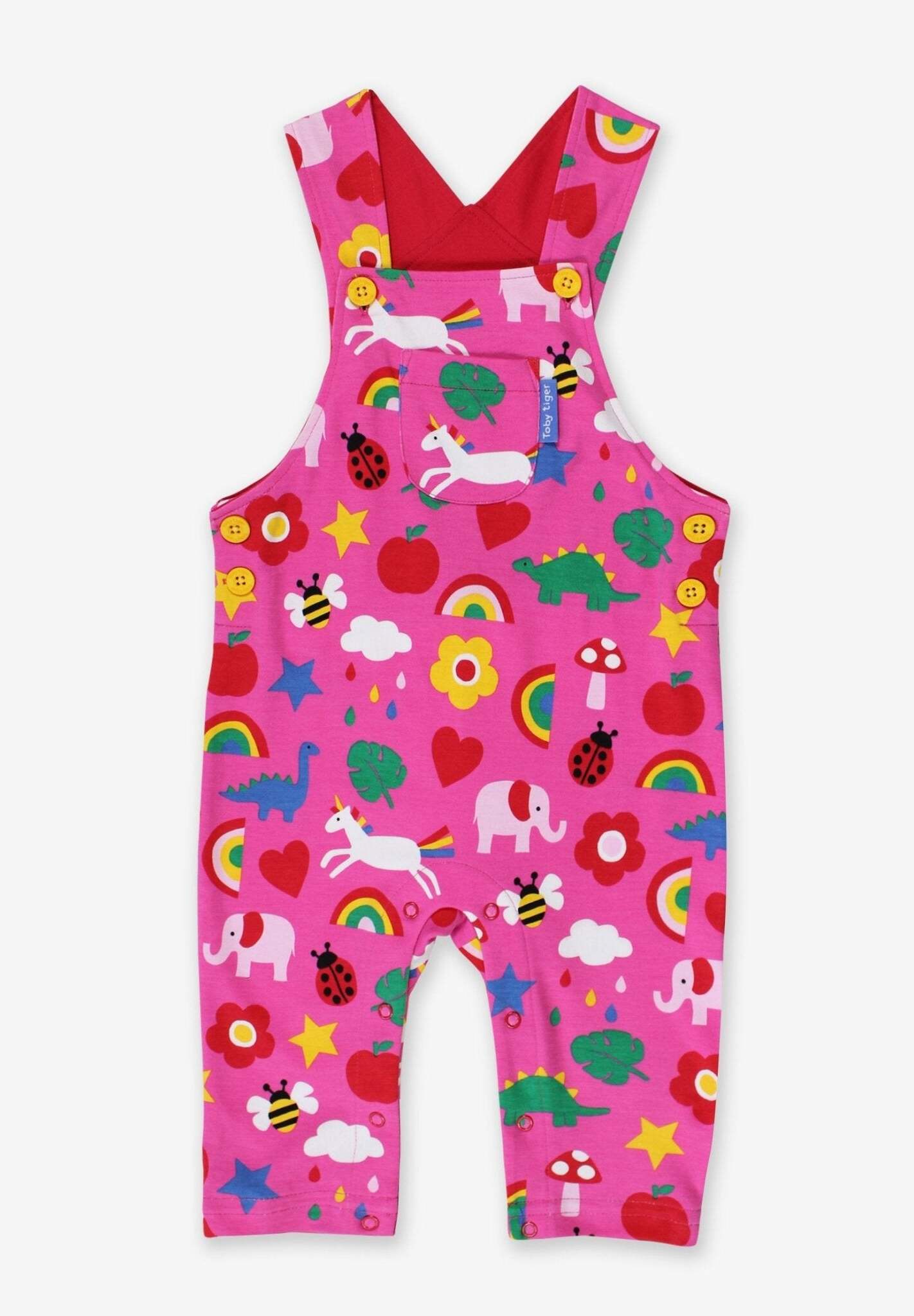 Premium organic cotton baby overalls with toy print, adjustable straps, GOTS certified, stylish and sustainable Toby Tiger design by Toby Tiger at brixbailey.com