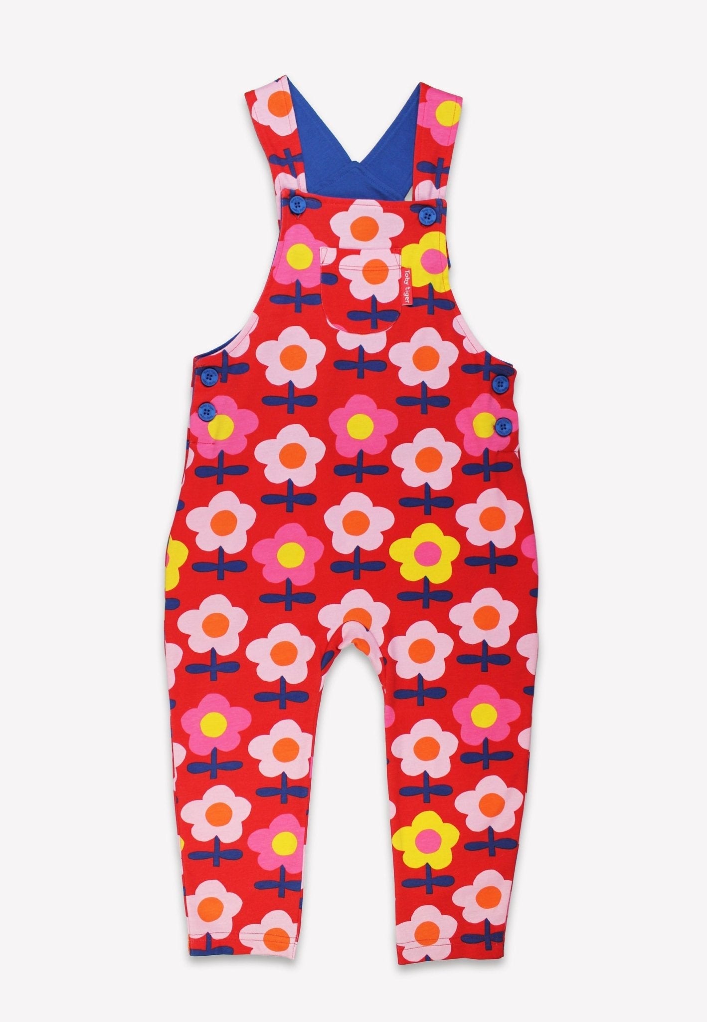 Retro Floral Print Pink Overalls in Soft Organic Cotton with Adjustable Straps and Chest Pocket by Toby Tiger at brixbailey.com