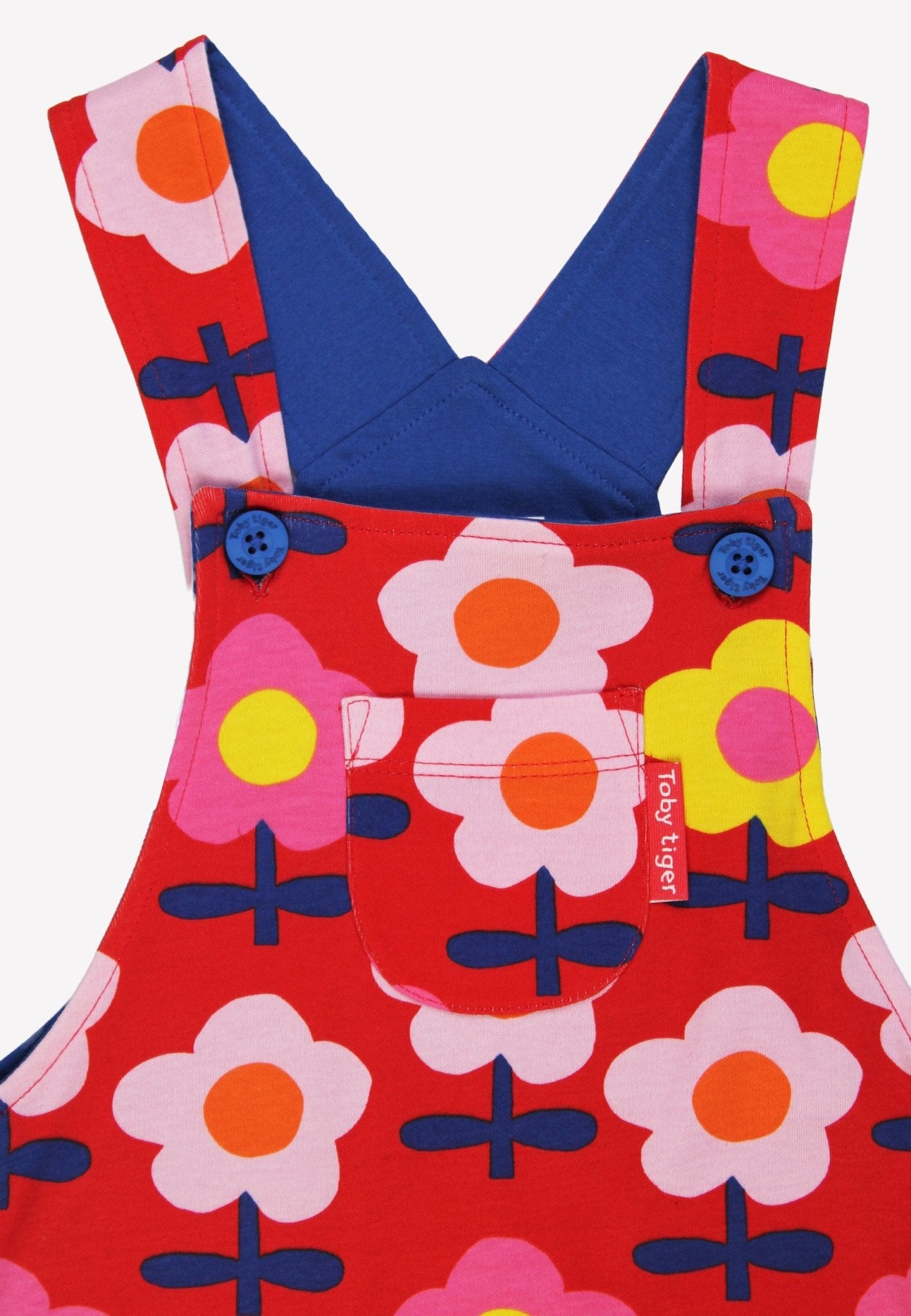 Stylish Pink Retro Floral Print Organic Cotton Overalls with Adjustable Straps and Chest Pocket by Toby Tiger at brixbailey.com