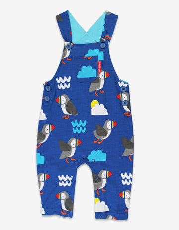Luxury organic cotton baby overall with parrot diver print, stylish sun clouds waves design, adjustable straps, snap buttons, GOTS certified by Toby Tiger at brixbailey.com