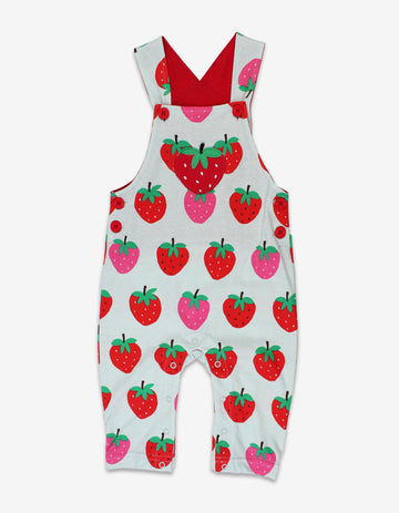 Premium baby blue strawberry print bib overalls, adjustable straps, snap buttons, organic cotton, Toby Tiger design, GOTS certified by Toby Tiger at brixbailey.com