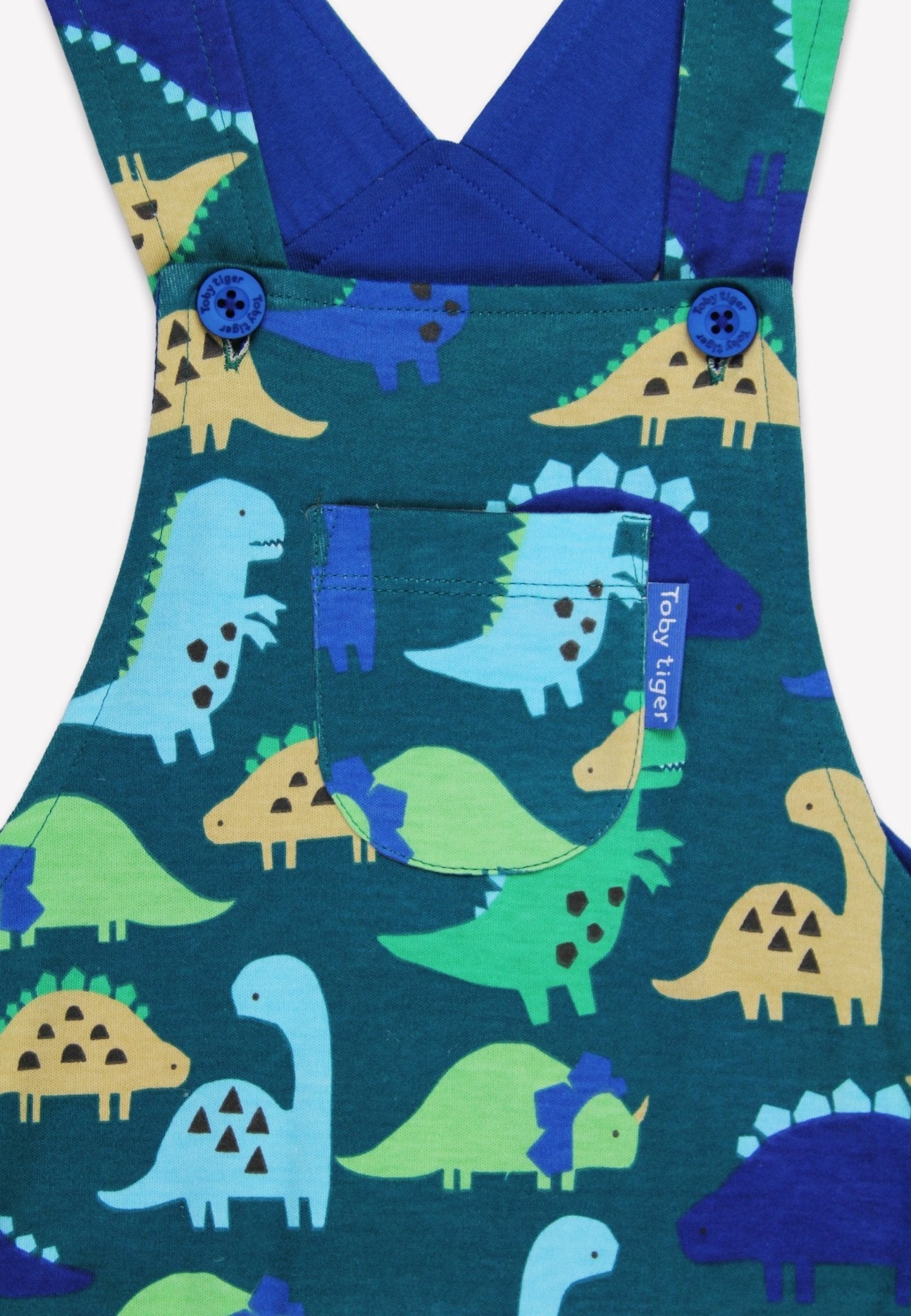 Premium Soft Organic Cotton Dinosaur Print Overalls for Kids - Adjustable Straps, Eco-Friendly Playwear in Blue Green Gray by Toby Tiger at brixbailey.com