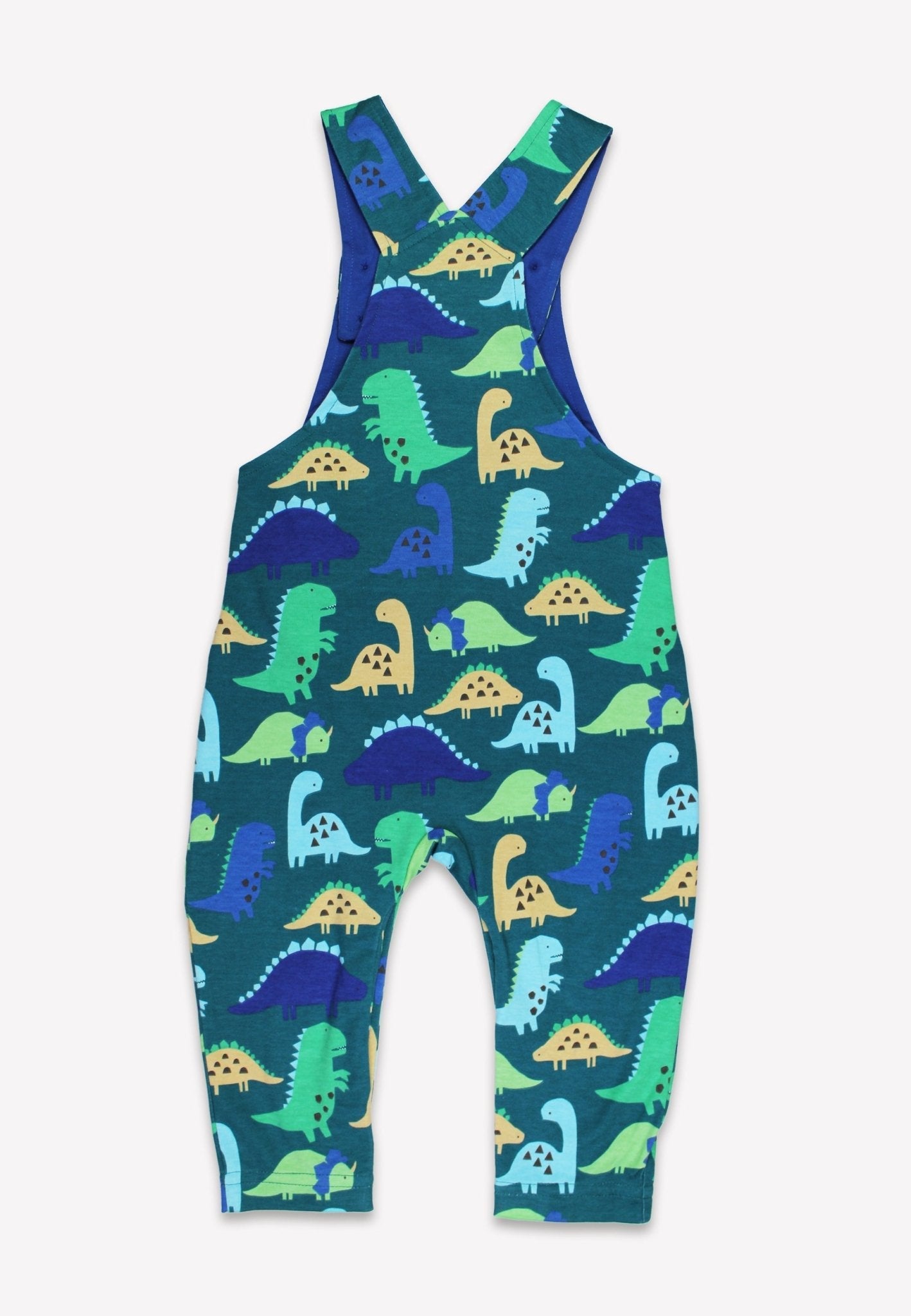 Premium Organic Cotton Dinosaur Print Overalls for Kids - Adjustable Soft Blue Green Gray Romper with Chest Pocket - GOTS Certified Eco-Friendly Playwear by Toby Tiger at brixbailey.com