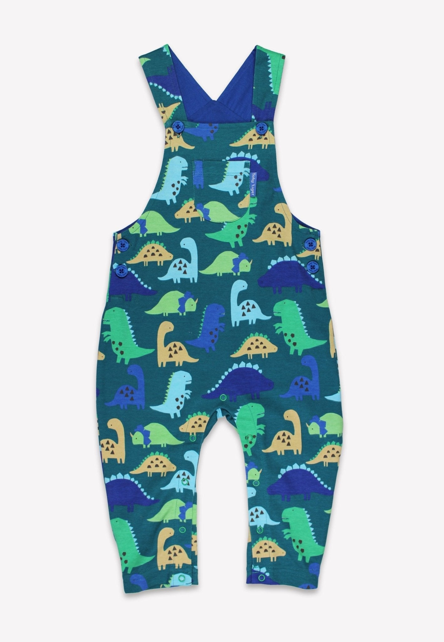 Premium Organic Cotton Dinosaur Print Overalls for Kids - Adjustable Soft Blue Green Gray Rompers with Chest Pocket by Toby Tiger at brixbailey.com