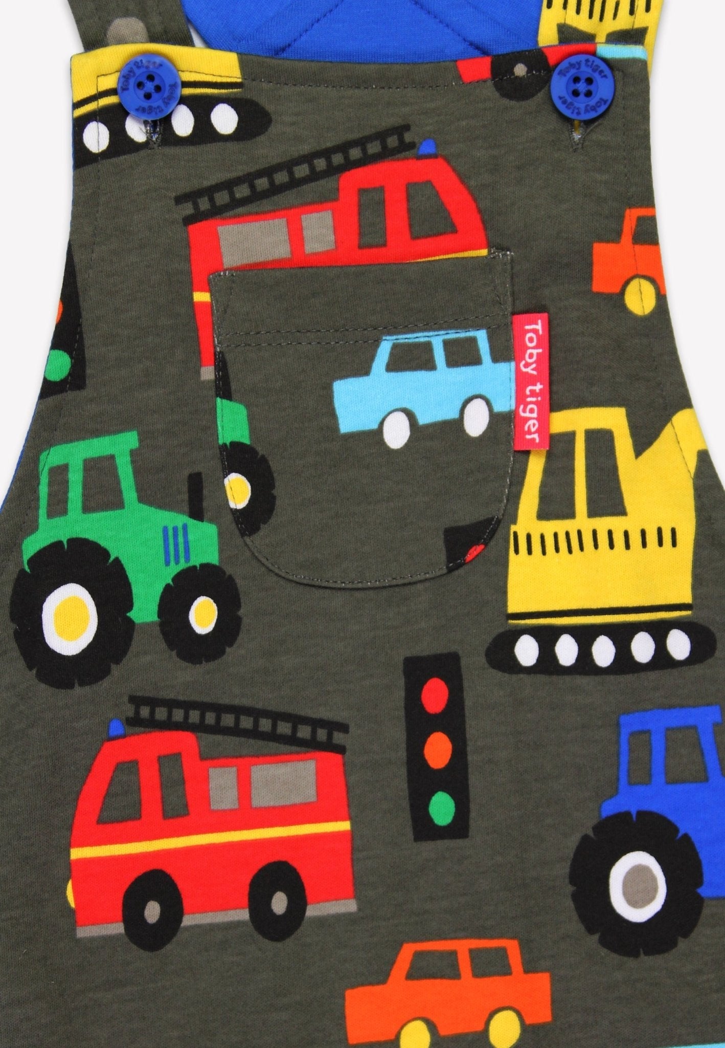 Premium Organic Cotton Kids Overalls with Vehicle Print, Adjustable Straps and Chest Pocket - GOTS Certified Eco-Friendly Playwear by Toby Tiger at brixbailey.com