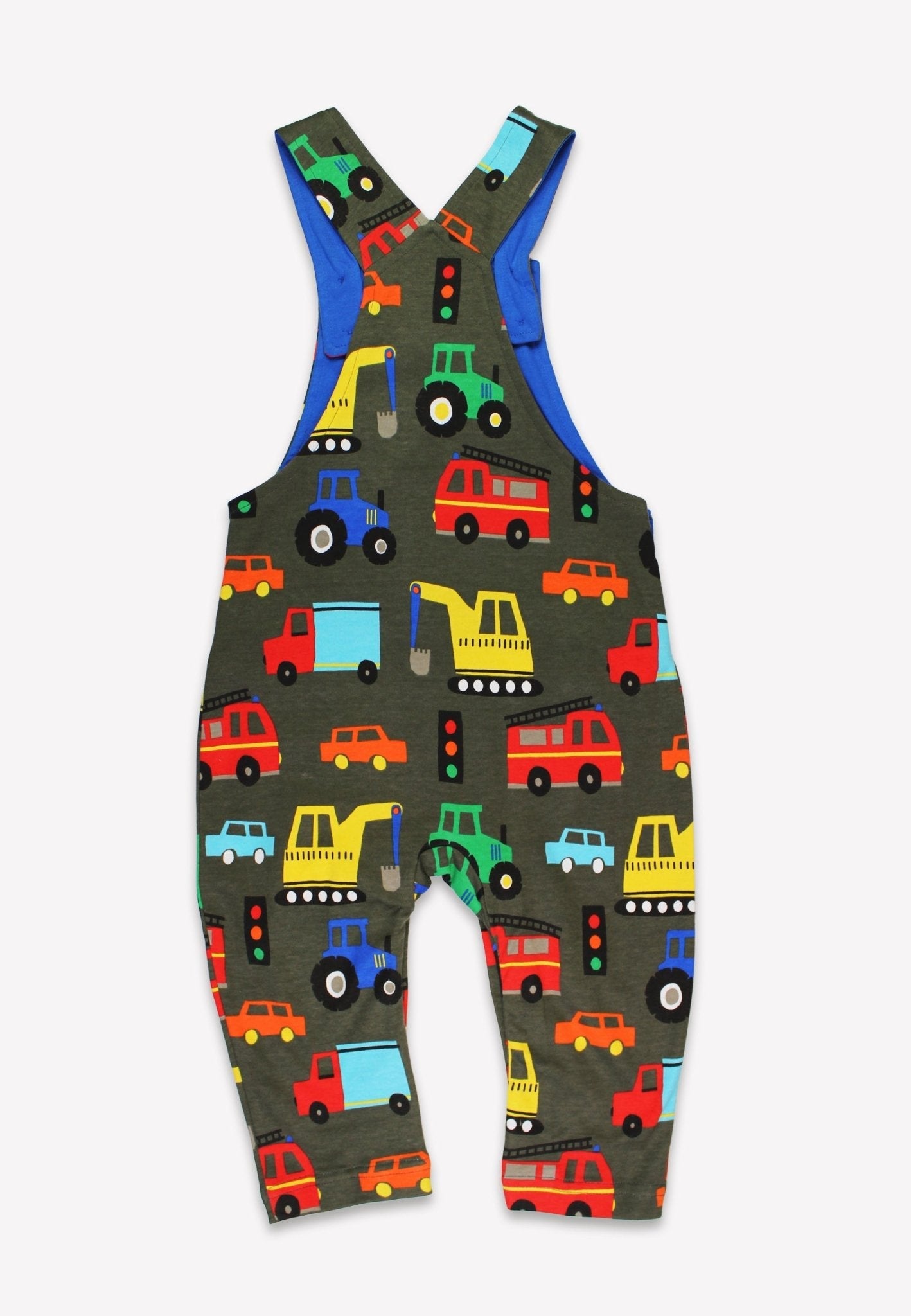 Comfortable Organic Cotton Bib Overalls for Kids with Fun Vehicle Print and Chest Pocket by Toby Tiger at brixbailey.com