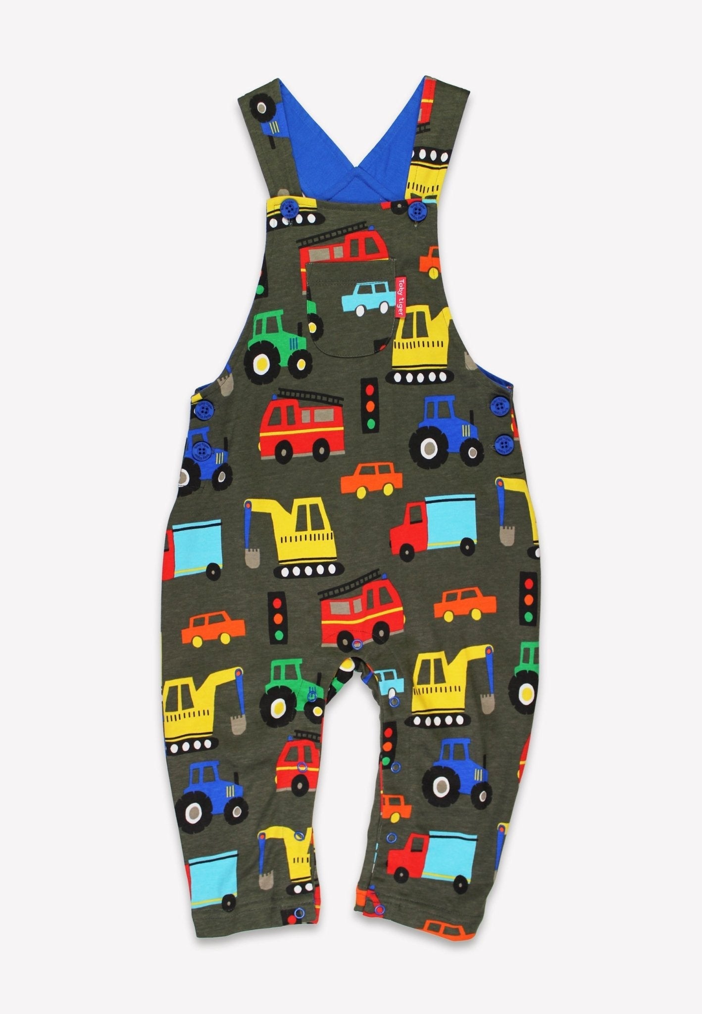 Comfortable Organic Cotton Bib Overalls with Vehicle Print for Active Kids - Adjustable Straps and Chest Pocket by Toby Tiger at brixbailey.com