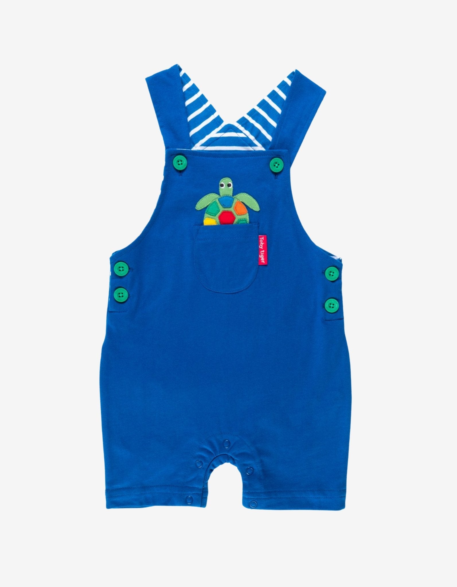 Stylish Dark Blue Adjustable Overalls for Kids with Turtle and Crab Details, Sustainable Organic Cotton Summer Wear by Toby Tiger at brixbailey.com