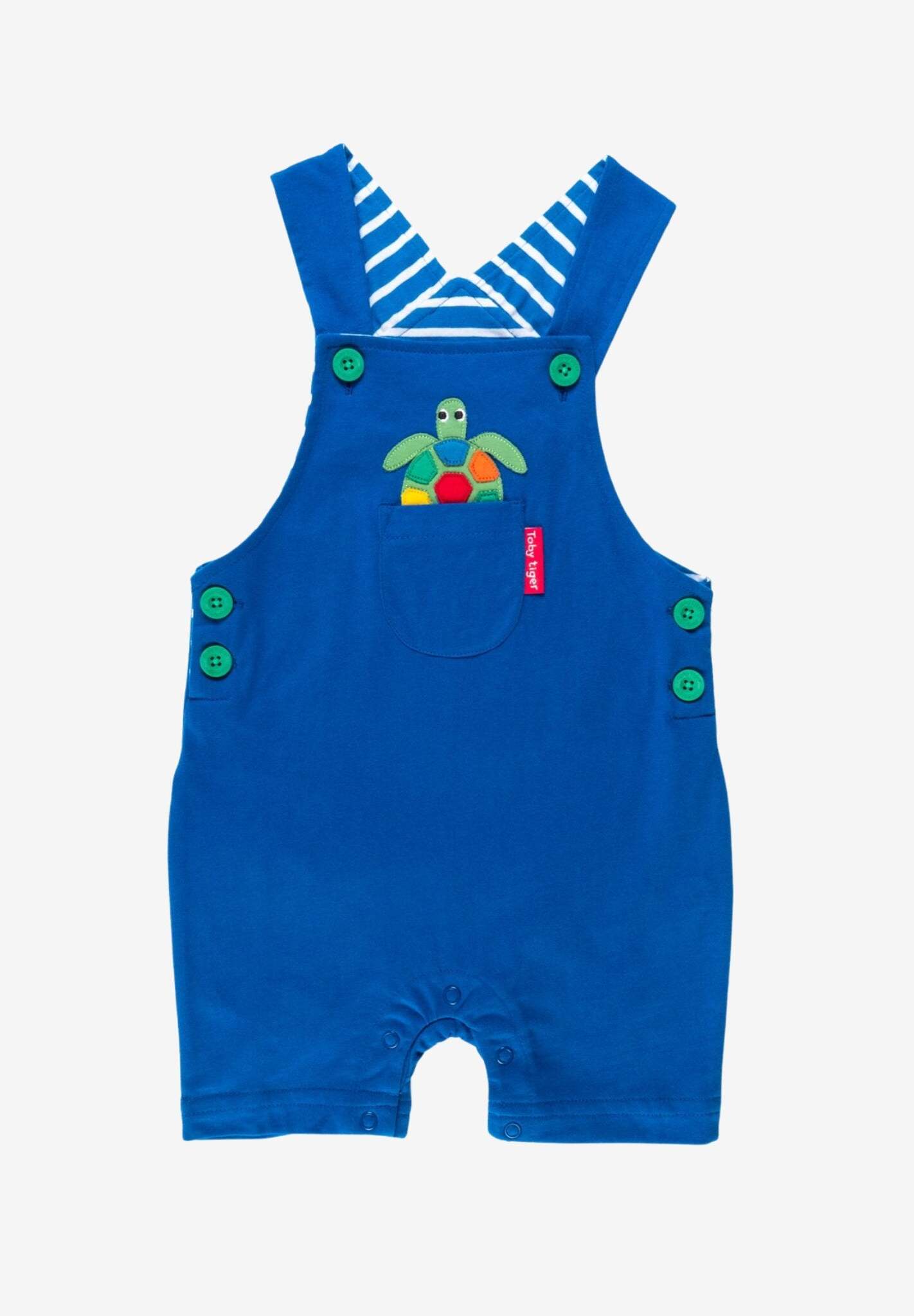 Stylish Dark Blue Adjustable Kids Overalls with Turtle and Crab Print, Sustainable Organic Cotton Summer Romper by Toby Tiger at brixbailey.com