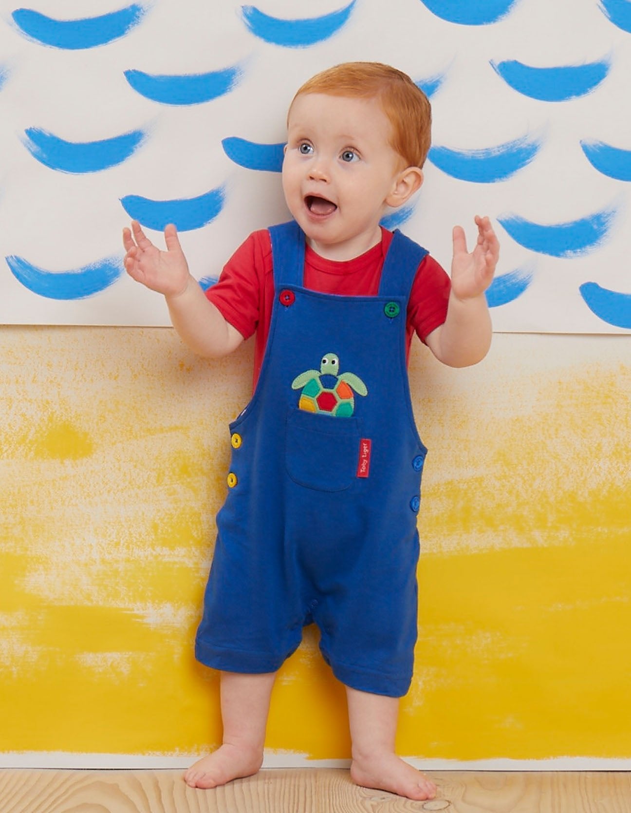 Stylish Dark Blue Adjustable Kids Overalls with Turtle and Crab Details, Sustainable Organic Cotton Summer Wear by Toby Tiger at brixbailey.com