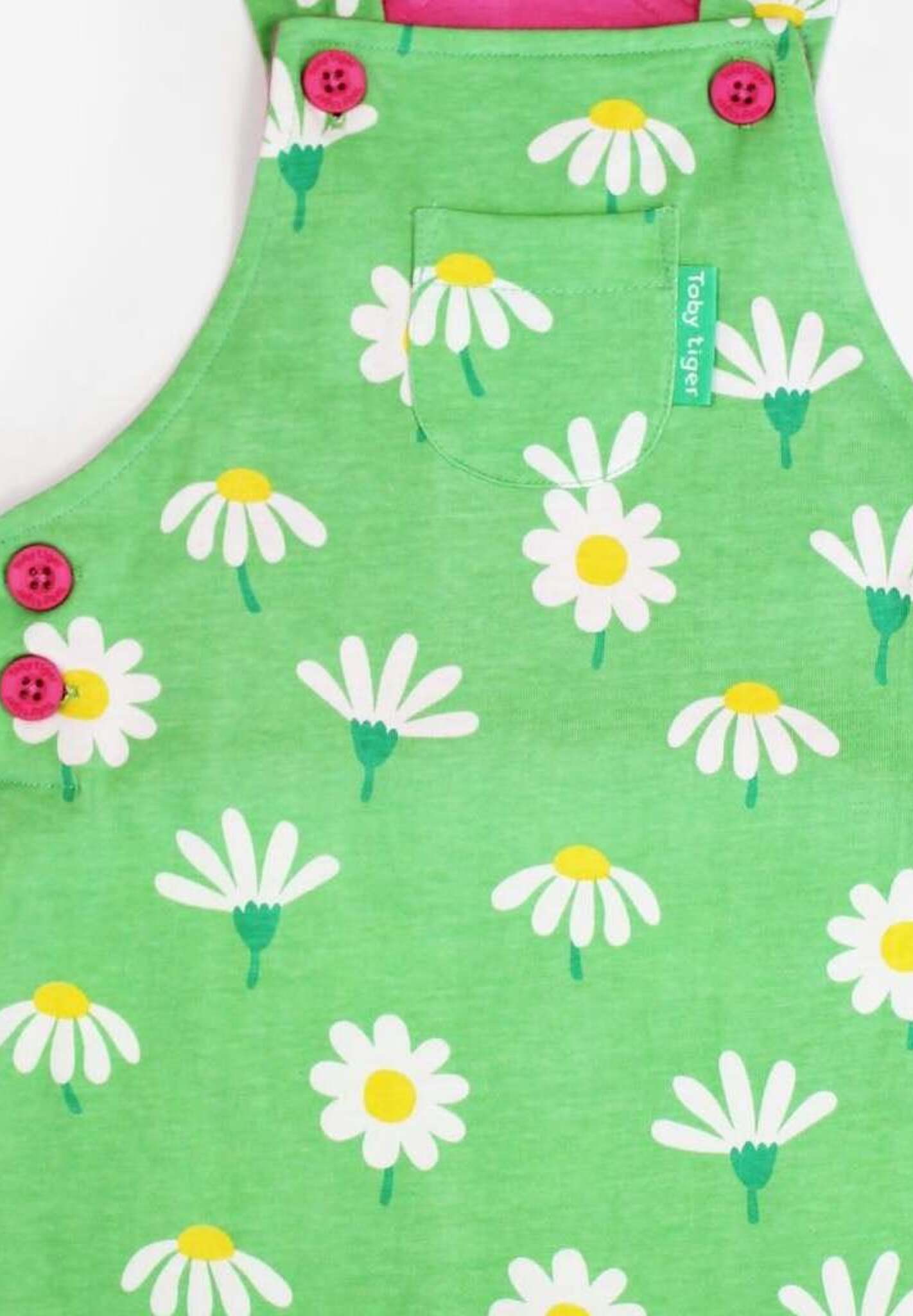 Premium summer denim overalls with daisy print, stylish baby bloomer shorts, adjustable straps, snap buttons, organic cotton by Toby Tiger at brixbailey.com