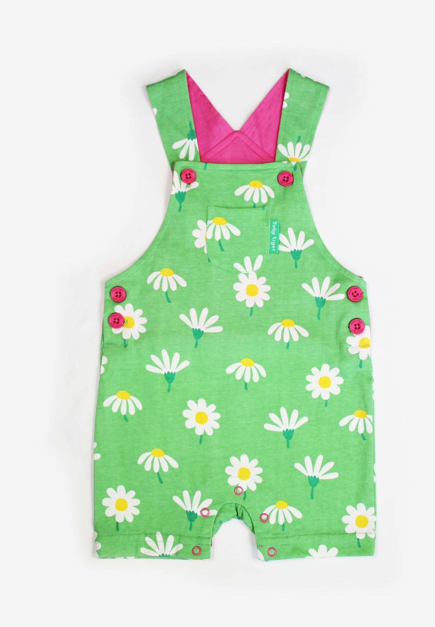 Luxury baby summer dungaree shorts with daisy print, premium organic cotton, adjustable straps, stylish floral romper by Toby Tiger at brixbailey.com
