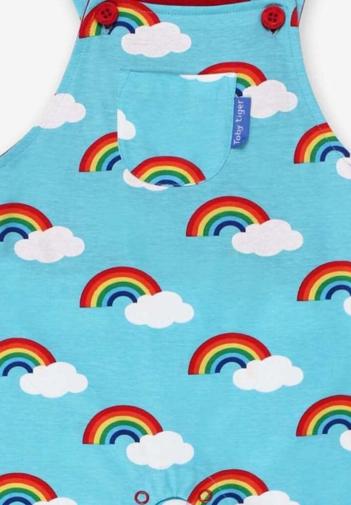 Premium turquoise rainbow print organic cotton summer overalls, adjustable straps, snap buttons, GOTS certified, eco-friendly dye by Toby Tiger at brixbailey.com