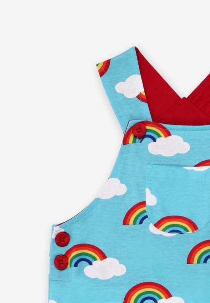 Premium turquoise rainbow print organic cotton overalls, stylish adjustable straps, snap buttons, eco-friendly GOTS certified, summer baby romper by Toby Tiger at brixbailey.com