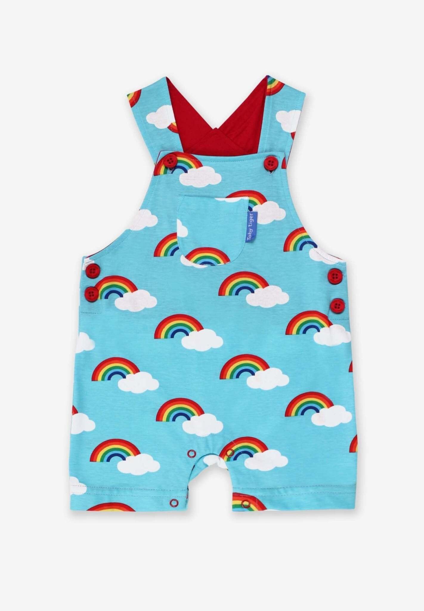 Premium turquoise rainbow print organic cotton romper, adjustable straps, snap buttons, GOTS certified, stylish summer baby outfit by Toby Tiger at brixbailey.com