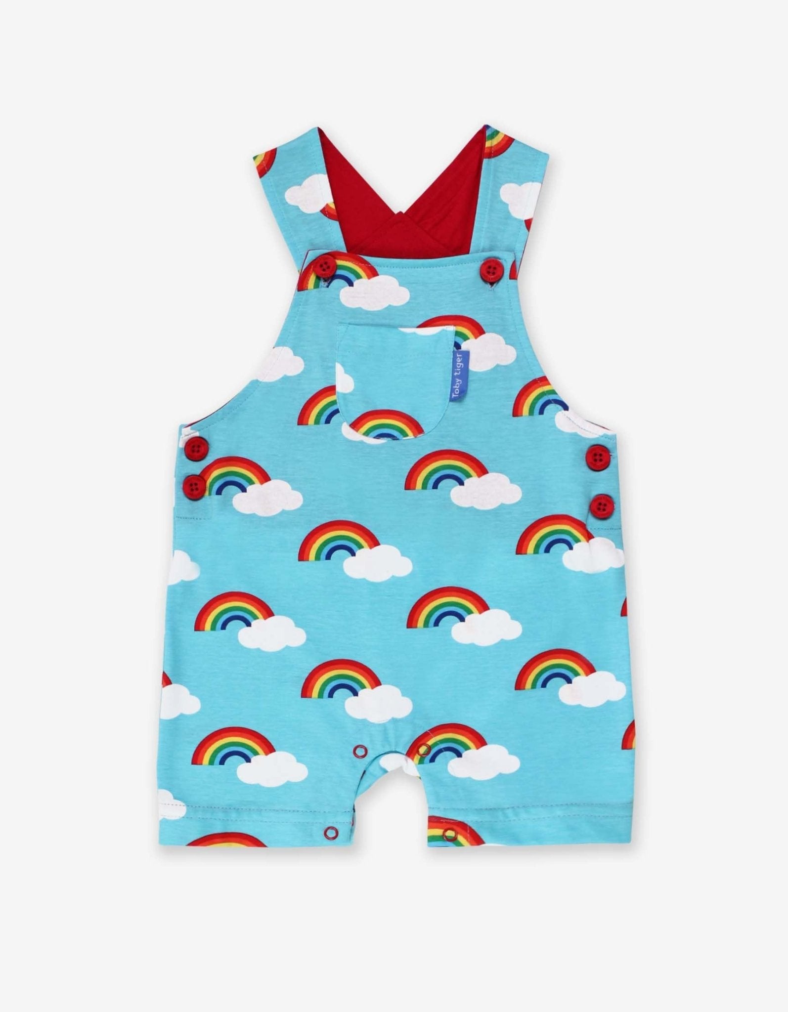 Premium turquoise rainbow print organic cotton overalls, stylish adjustable straps, snap buttons, GOTS certified, eco-friendly dye, machine washable by Toby Tiger at brixbailey.com