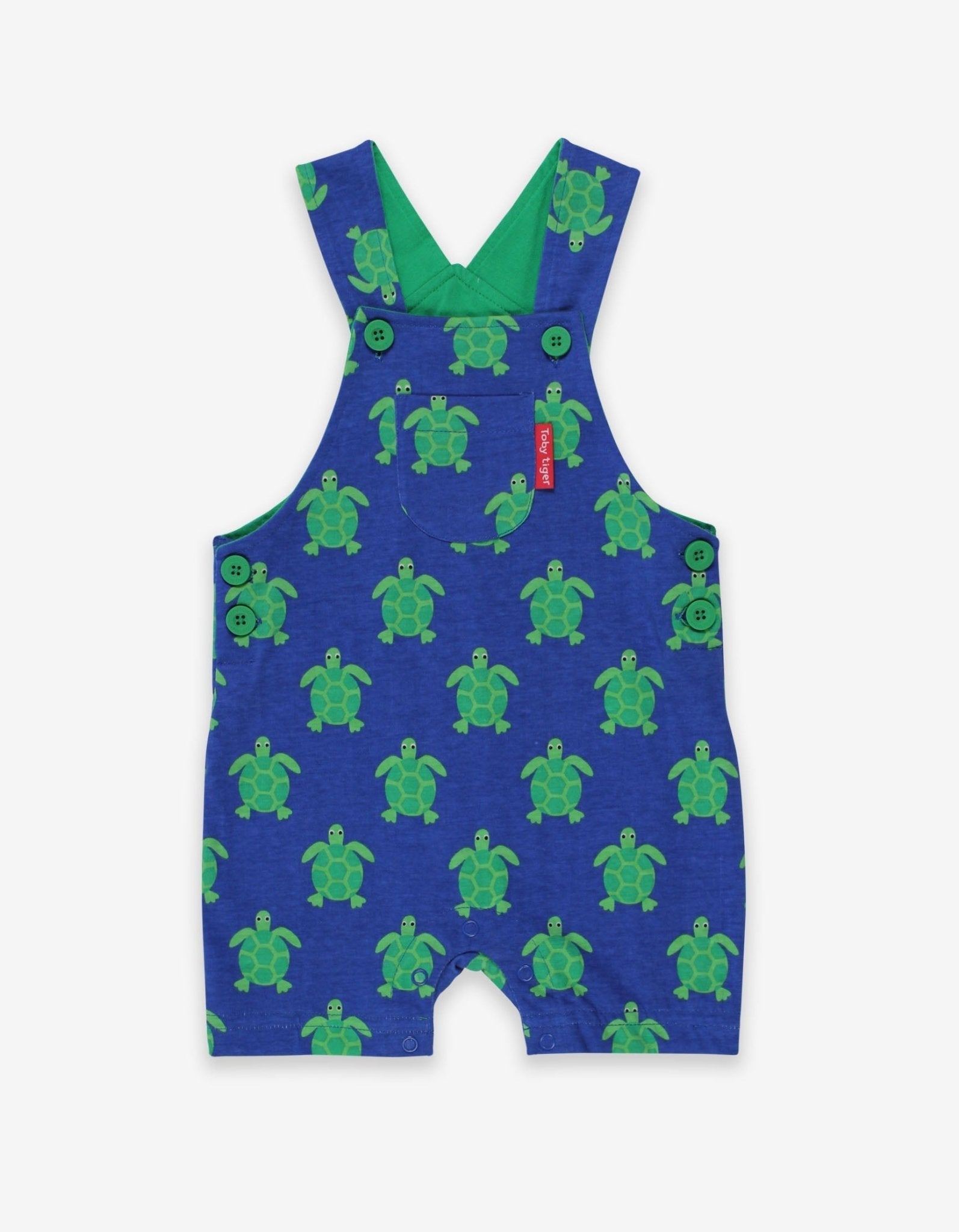 premium green and blue turtle print bib overalls, stylish adjustable straps, soft GOTS certified organic cotton, best-selling kids romper by Toby Tiger at brixbailey.com