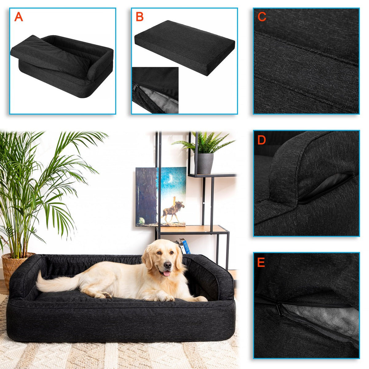 Mano Ergonomic Dog Bed with Removable Cover – Black, L