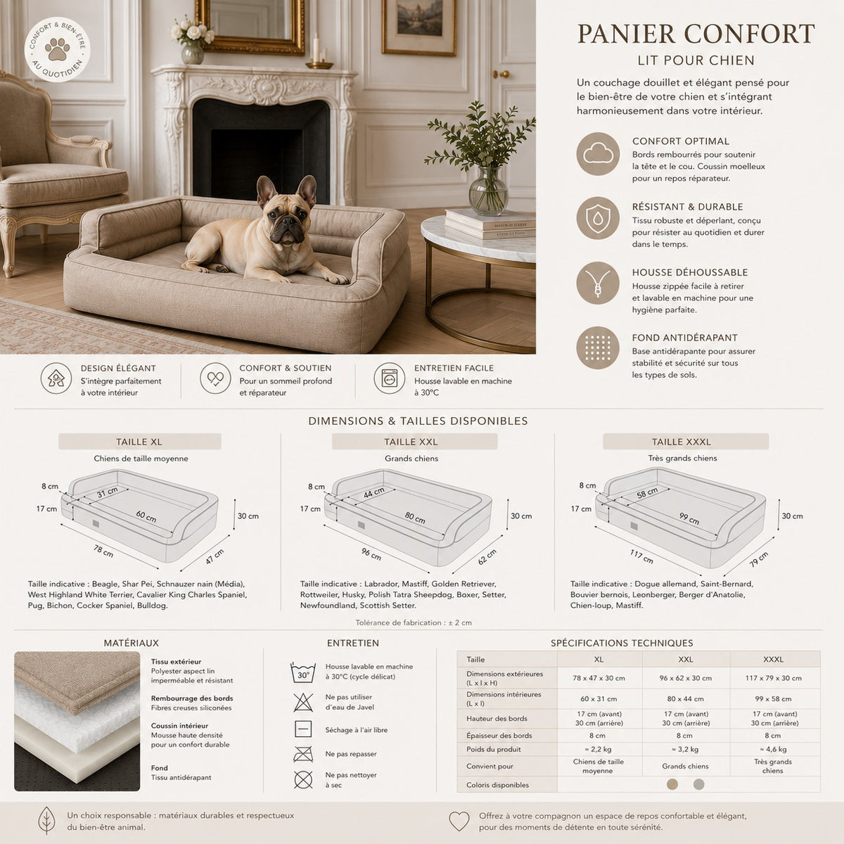 Mano Ergonomic Dog Bed with Removable Cover – Blue, XXL
