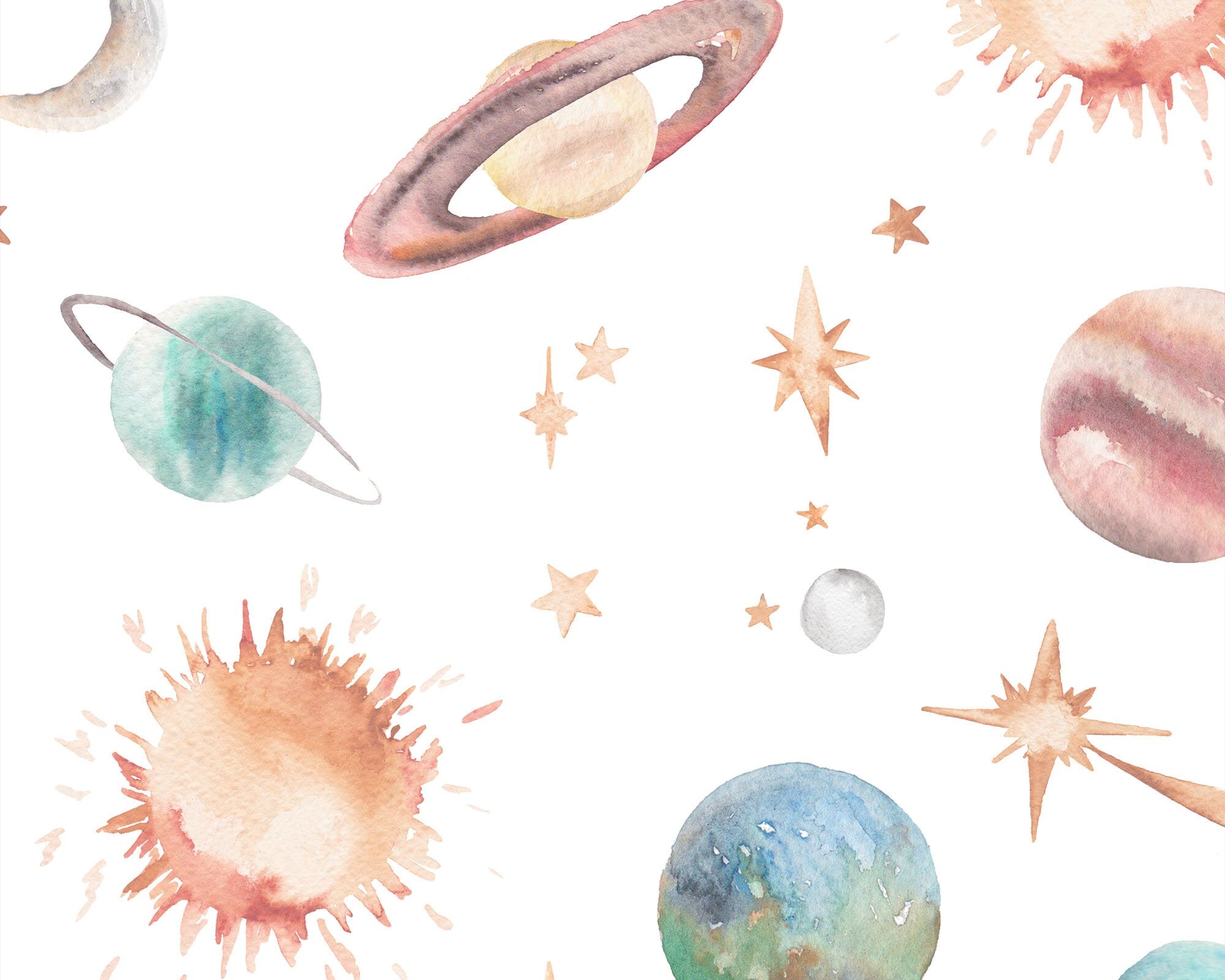 Watercolour Planet Wallpaper | Solar System, Stars &amp; Rockets | Kids Bedroom