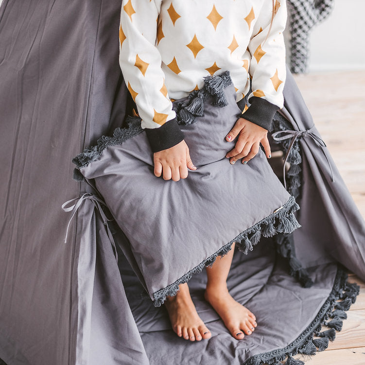MINICAMP Grey Teepee for Kids - Handmade Pompoms, Boho Play Tent, Durable Cotton & Wood Design by Minicamp at brixbailey.com