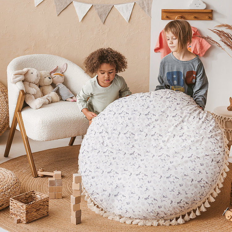 MINICAMP Large Kids Floor Cushion with Tassels - Forest Animal Print & Hypoallergenic by Minicamp at brixbailey.com