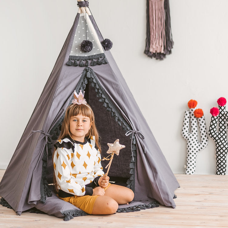 MINICAMP Grey Teepee for Kids - Handmade Pompoms, Boho Play Tent, Durable Cotton & Wood Design by Minicamp at brixbailey.com