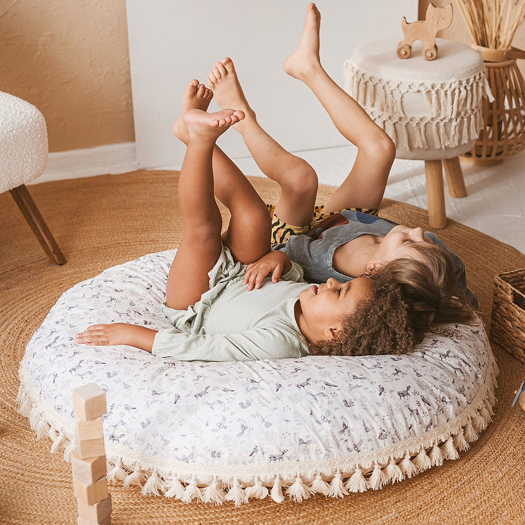 MINICAMP Large Kids Floor Cushion with Tassels - Forest Animal Print & Hypoallergenic by Minicamp at brixbailey.com