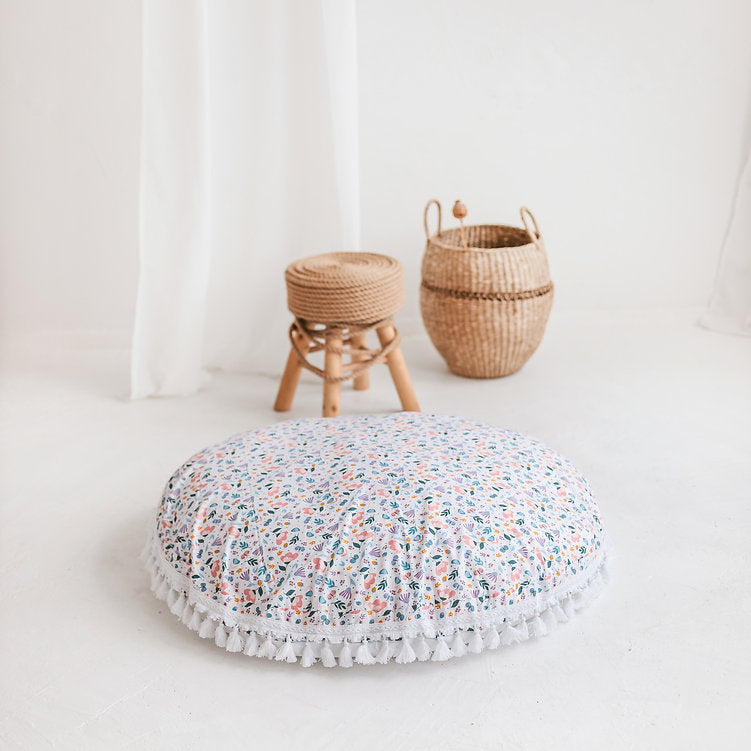 MINICAMP Large Floor Cushion - White Floral Pattern - Cozy & Hypoallergenic for Kids by Minicamp at brixbailey.com