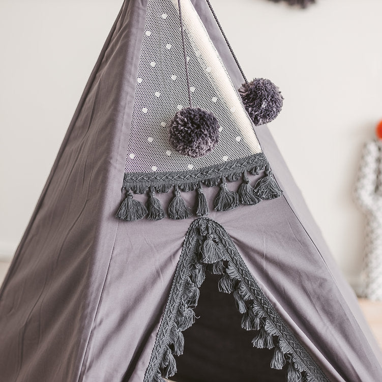MINICAMP Grey Teepee for Kids - Handmade Pompoms, Boho Play Tent, Durable Cotton & Wood Design by Minicamp at brixbailey.com