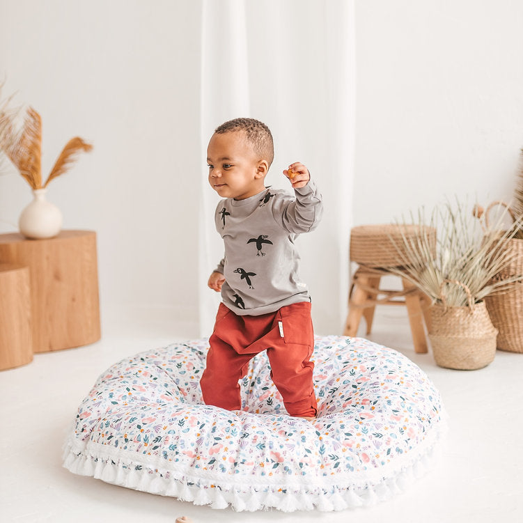 MINICAMP Large Floor Cushion - White Floral Pattern, 100% Cotton & Hypoallergenic for Kids by Minicamp at brixbailey.com