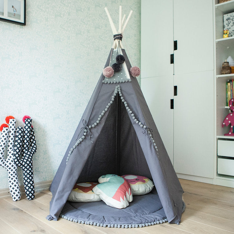 MINICAMP Grey Teepee Tent for Kids - Fun Playtime Adventures with Pom Poms by Minicamp at brixbailey.com