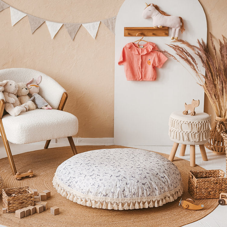 MINICAMP Large Kids Floor Cushion with Tassels - Forest Animal Print - Cozy & Safe Playroom Essential by Minicamp at brixbailey.com