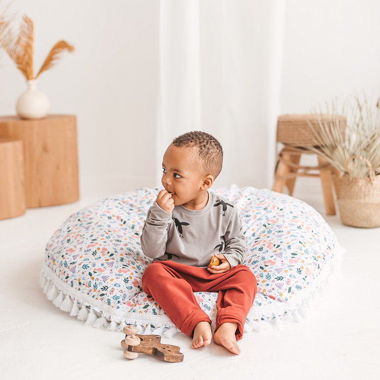 MINICAMP Large Floor Cushion - White Floral Pattern, 100% Cotton, Hypoallergenic & Removable Cover by Minicamp at brixbailey.com