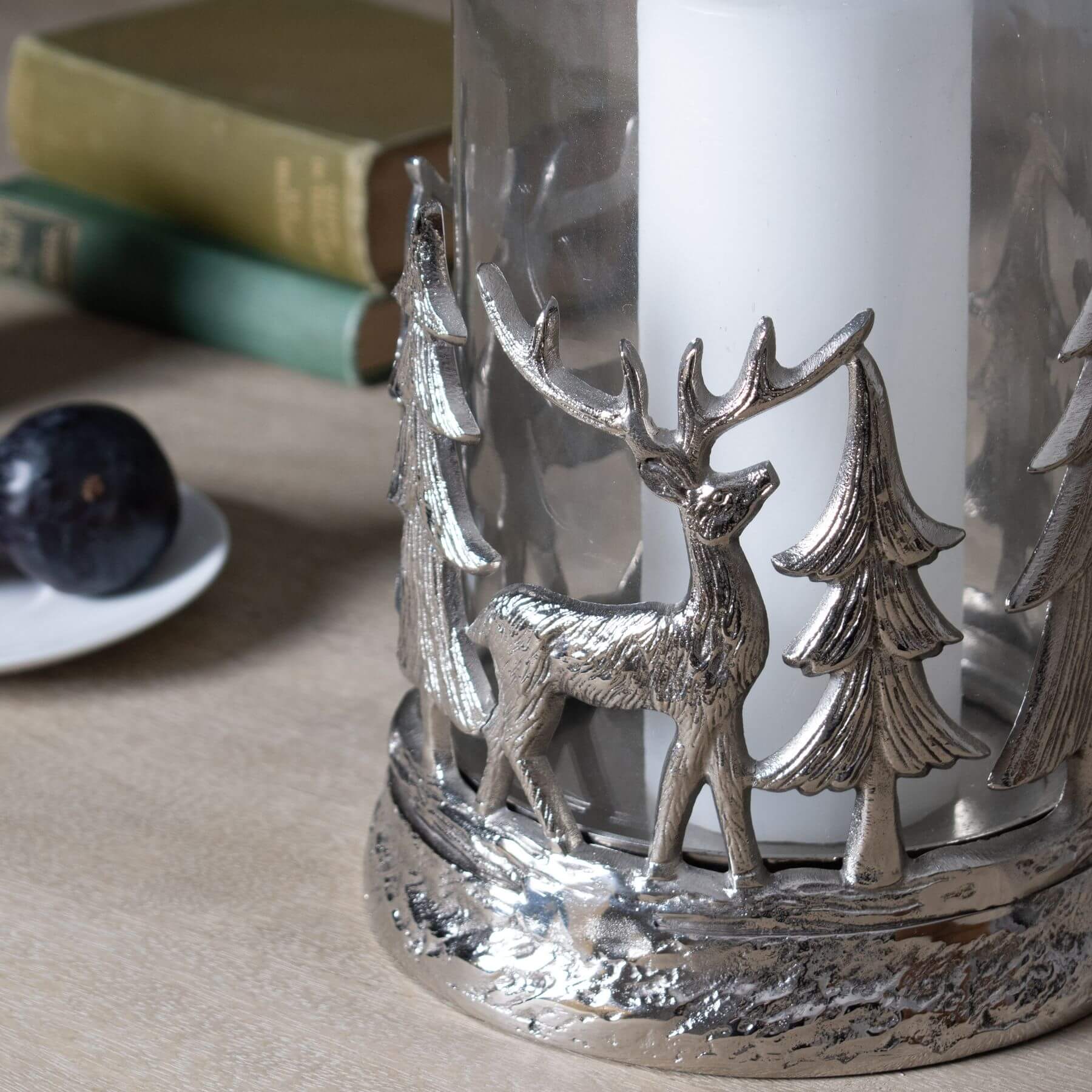 Vintage Silver Stag Hurricane Lantern | Rustic Outdoor Decor